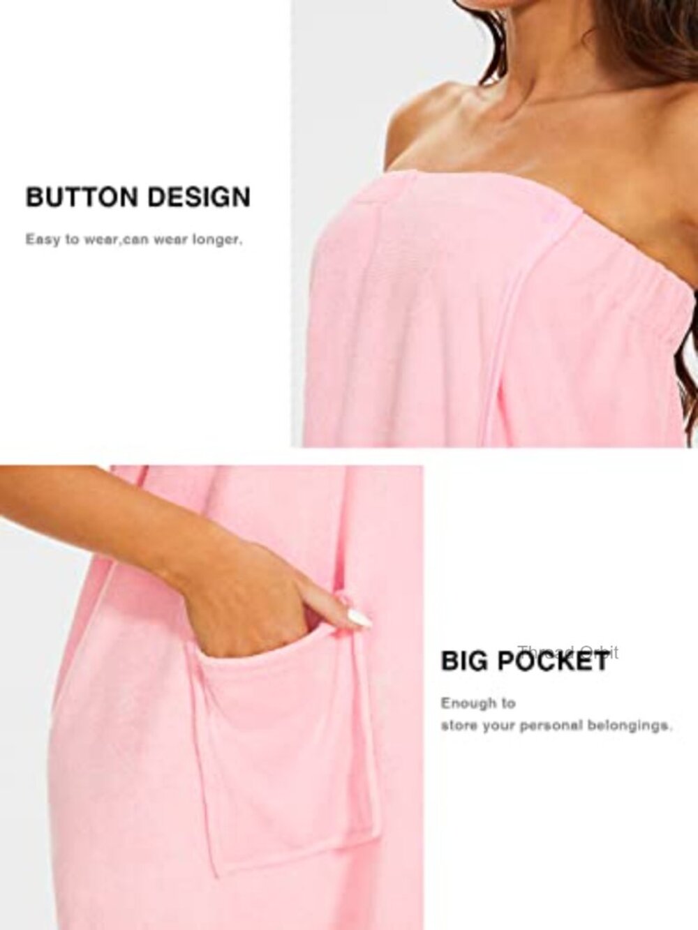 Terry Cloth Shower Wrap Robe Knee-Length Snap Closure Pockets - Picture 3 of 5